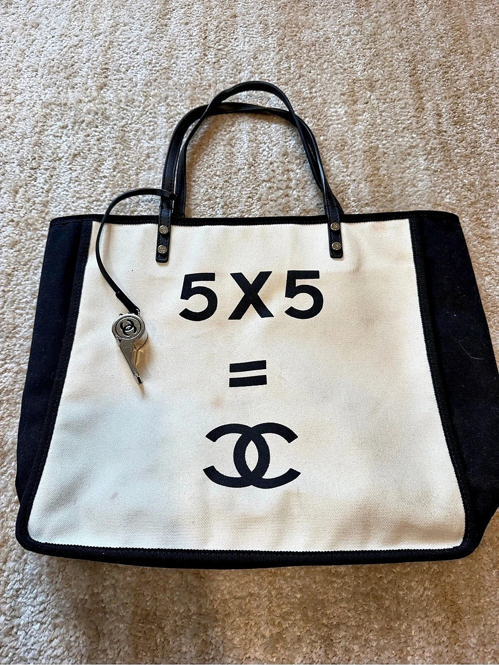 Chanel 5x5 Whistle Tote Canvas Logo Bag Black & White